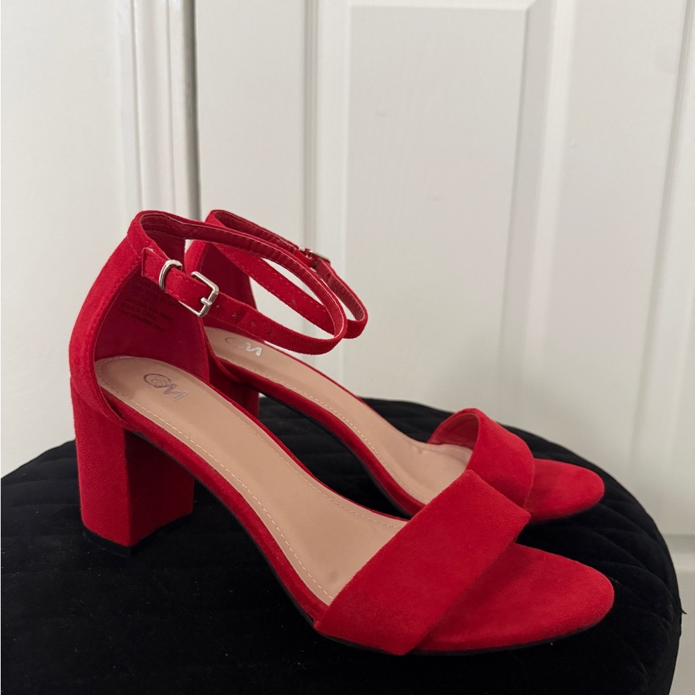 Red Suede Ankle Strap Block Heel Sandals Size 9